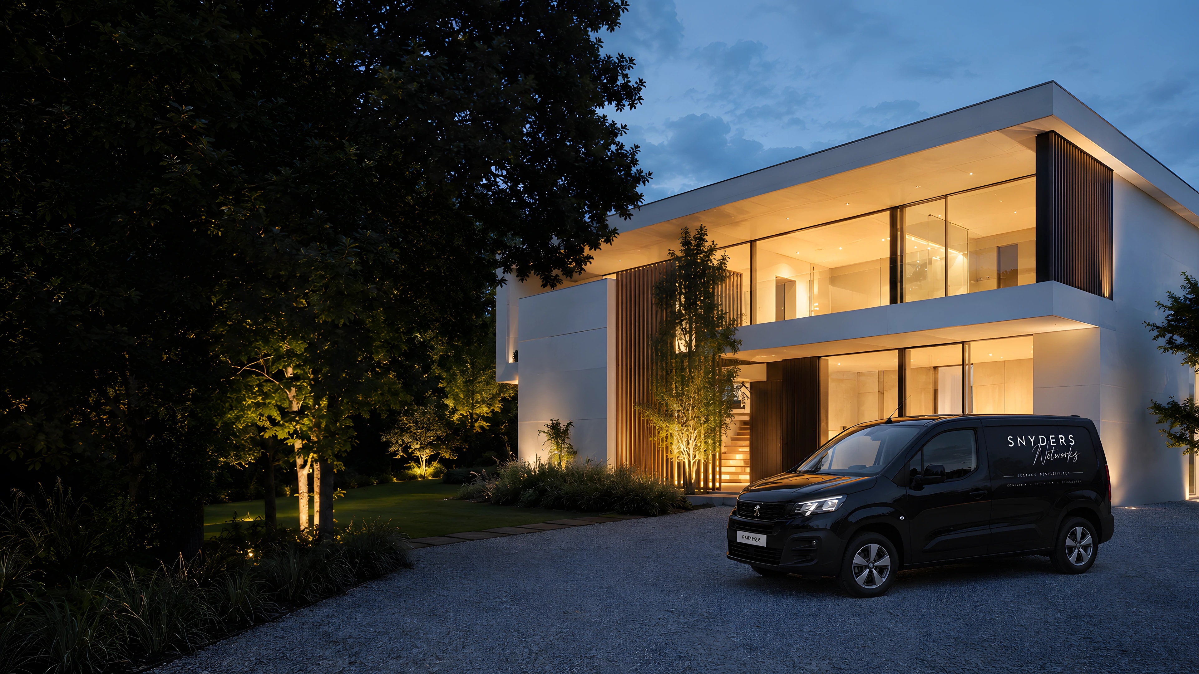 Villa blanche au crépuscule et Peugeot Partner floqué SNYDERS Networks — visuel d’ambiance