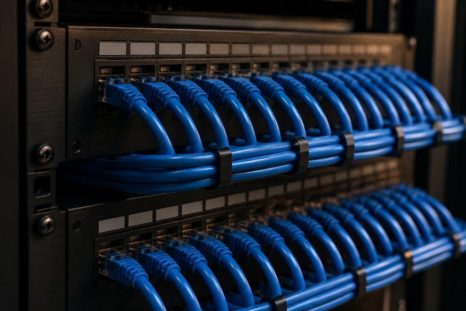 Détail de câbles Ethernet soigneusement organisés dans une baie réseau