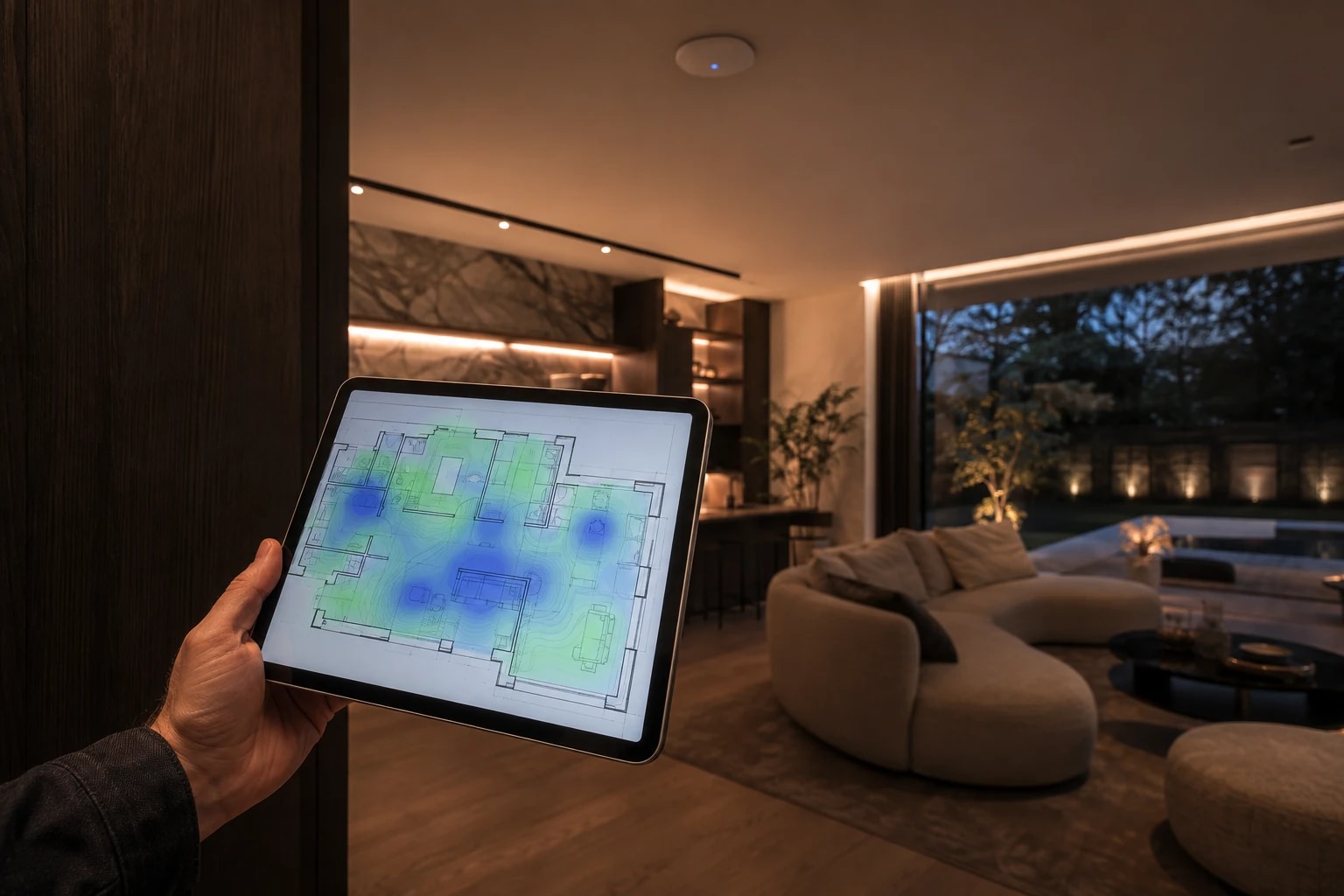 Mesure de la couverture Wi-Fi sur une tablette dans une maison aménagée — visuel d’ambiance