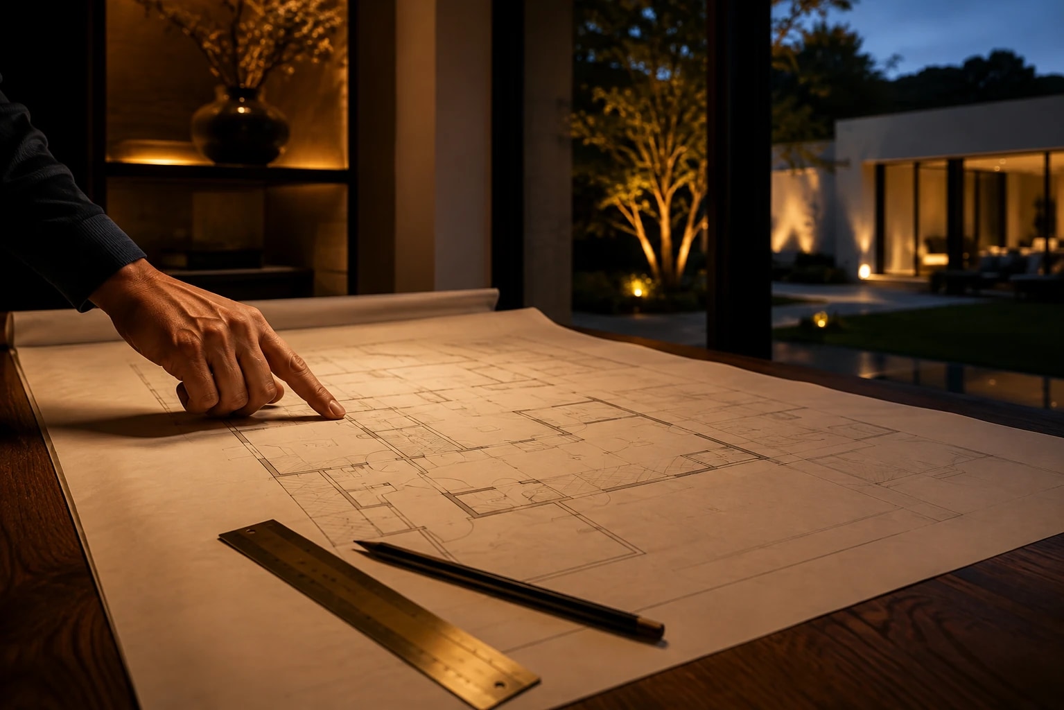 Étude de plans de maison sur une table, à la lumière chaude d’une villa — visuel d’ambiance